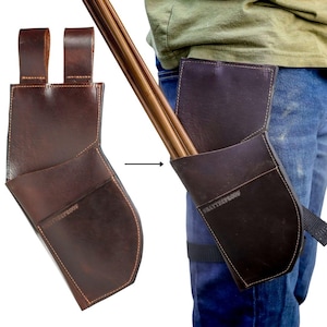 May include: A dark brown leather quiver with a pocket and two belt loops. The quiver is shown empty and also in use, holding several arrows. The word "SHATTERPROOF" is visible on the quiver.