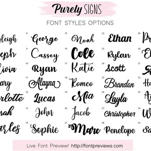 K&ouml;nnte beinhalten: Grafik mit Schriftstiloptionen f&uuml;r Schilder. Das Bild zeigt ein rosa Banner mit dem Text "Purely Signs" und eine Liste von Namen in verschiedenen Schreibschriften. Die Website-Adresse ist ebenfalls enthalten.