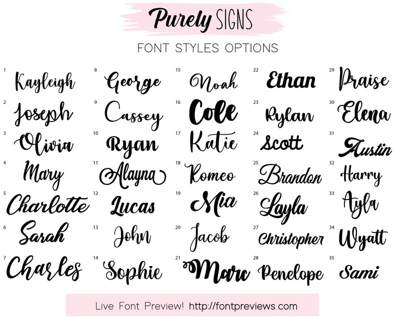 K&ouml;nnte beinhalten: Grafik mit Schriftstiloptionen f&uuml;r Schilder. Das Bild zeigt ein rosa Banner mit dem Text "Purely Signs" und eine Liste von Namen in verschiedenen Schreibschriften. Die Website-Adresse ist ebenfalls enthalten.
