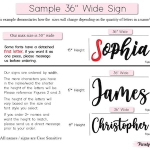 K&ouml;nnte beinhalten: Ein Beispiel-Grafik f&uuml;r Schilder mit dem Text "Sample 36" Wide Sign." Sie zeigt Beispiele f&uuml;r Namensschilder wie "Sophia", "James" und "Christopher" mit Gr&ouml;&szlig;enangaben in Zoll. Der Text erkl&auml;rt, wie sich die Gr&ouml;&szlig;e je nach Anzahl der Buchstaben &auml;ndert.