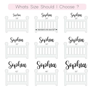 K&ouml;nnte beinhalten: Ein Diagramm mit neun Kinderbetten, die mit dem Namen "Sophia" und verschiedenen Gr&ouml;&szlig;en in Zoll beschriftet sind: 18", 24", 26", 30", 34", 36", 42", 46" und 50". Der Text "Welche Gr&ouml;&szlig;e soll ich w&auml;hlen?" steht oben.