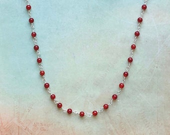 Handmade Carnelian Beaded necklace, Adjustable Dainty Sterling silver necklace, Red carnelian necklace, Birthday gift, choker necklace.