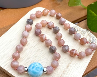 Larimar Sunstone Beaded Necklace: Sterling Silver Knotted Design