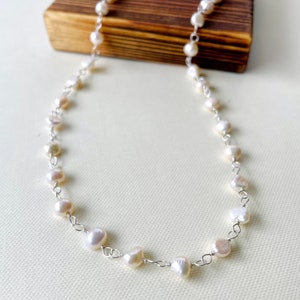 Freshwater Pearl Necklace, Beaded Pearl necklace, Classic white Pearl Necklace, Choker necklace, June Birthstone, S Silver, Bridal Necklace.