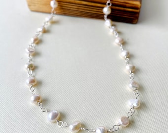 Freshwater Pearl Necklace, Beaded Pearl necklace, Classic white Pearl Necklace, Choker necklace, June Birthstone, S Silver, Bridal Necklace.