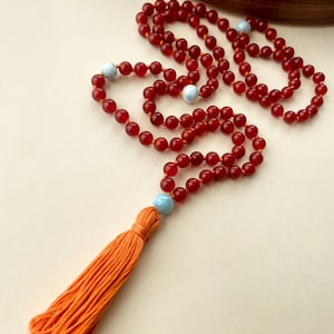 Mala necklace, Carnelian Mala, Larimar Mala, 108 beads, Meditation necklace, Carnelian necklace, Larimar necklace, Japa Mala.