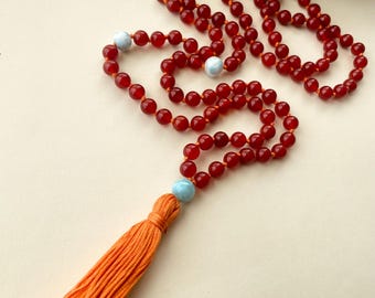 Mala necklace, Carnelian Mala, Larimar Mala, 108 beads, Meditation necklace, Carnelian necklace, Larimar necklace, Japa Mala.