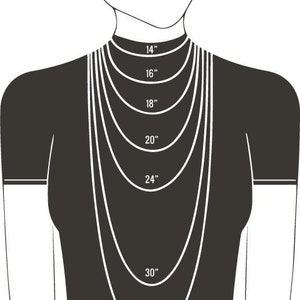 May include: Diagram showing different necklace lengths on a model, from 14 inches to 34 inches.