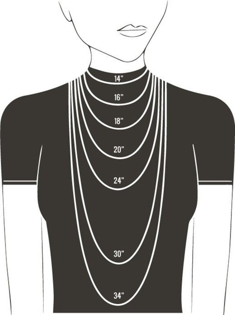 May include: Diagram showing different necklace lengths on a model, from 14 inches to 34 inches.