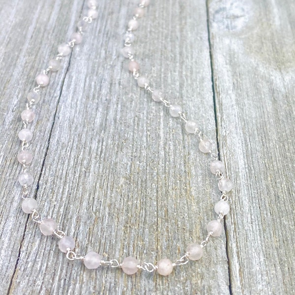 Rose Quartz necklace, Beaded necklace, Pink Quartz necklace, Gemstone necklace, Rose Quartz jewelry, Dainty necklace.