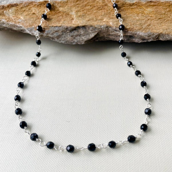 Onyx beaded necklace , Beaded necklace , Sterling silver necklace, Onyx Necklace, Faceted Onyx Necklace, Choker necklace.