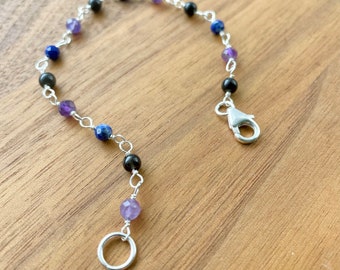 Amethyst Lapis Lazuli Obsidian Beaded Bracelet: Sterling Silver Gemstone Healing Bracelet