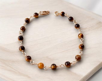 Pulsera de cuentas de ojo de tigre: chapada en oro de 14 k, delicada piedra preciosa