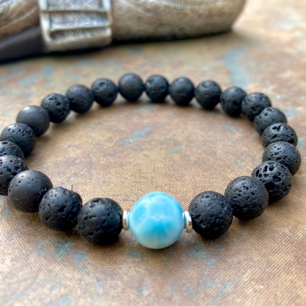 Larimar bracelet, Larimar and Lava bracelet, elastic bracelet, bracelet for men, Dominican Larimar bracelet.