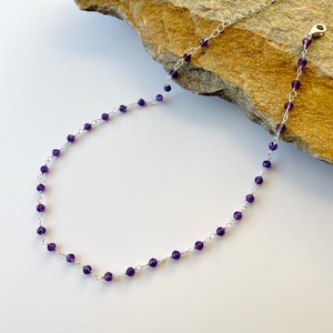 Amethyst necklace, Beaded necklace, Sterling silver necklace, Amethyst Jewelry, Purple necklace, Amethyst Choker Necklace, Birthday Gift.
