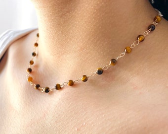 Collar de cuentas de ojo de tigre: Gargantilla delicada bañada en oro de 14 k