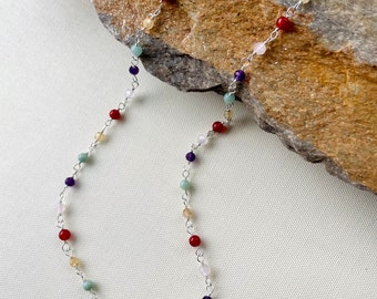 Collar de cuentas de piedras preciosas arcoíris: gargantilla de plata de ley, amazonita, cornalina y cuarzo rosa