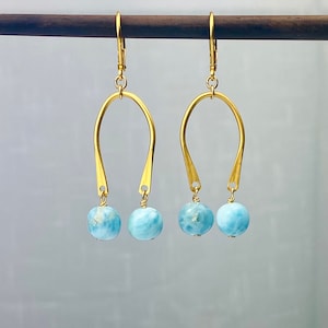 Larimar earrings, Natural Larimar earrings, Beaded earrings, Gold earrings, Dominican Larimar, Gemstone earrings, Blue earrings.