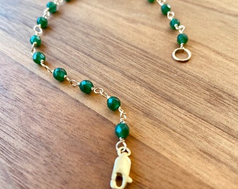 Emerald Jade Beaded Bracelet: 14k Gold Filled Clasp, Good Luck Charm