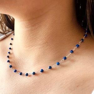 Beaded necklace, Lapis Lazuli Necklace, Sterling silver, Lapis beaded necklace, Blue necklace, Choker necklace, Minimalist jewelry.