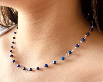 Collar de cuentas de lapislázuli: gargantilla de plata de ley, joyería minimalista