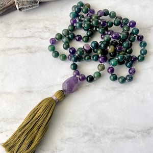 Amethyst & Moss Agate Mala Necklace: 108 Bead Yoga Jewelry