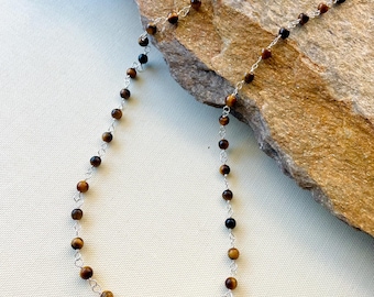 Collar de cuentas de ojo de tigre: cadena de piedras preciosas de plata de ley