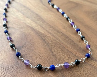 Amethyst Lapis Lazuli Obsidian Sterling Silver Beaded Necklace