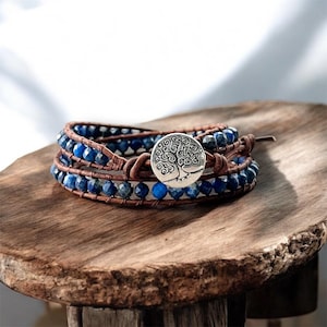 Lapis Lazuli beaded bracelet, Wrap Leather bracelet, Blue bracelet, Double wrap bracelet, Boho bracelet, Birthday gift.
