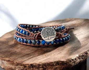 Pulsera de cuero con cuentas de lapislázuli: estilo bohemio