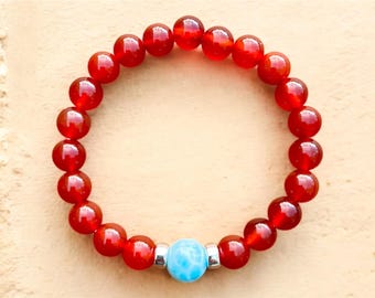 Carnelian and Larimar Beaded Bracelet: Sterling Silver Accents