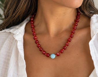 Carnelian and Larimar Beaded Necklace: Sterling Silver Clasp