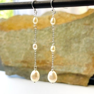 Dainty Freshwater Pearl Dangle Earrings: Sterling Silver Bridal Jewelry