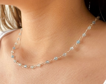 Aquamarine Necklace, Beaded necklace, Blue necklace, Sterling silver, Choker necklace, Minimalist necklace, Gift for her, Gift for him.