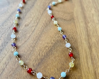Beaded Choker Necklace: Carnelian, Rose Quartz, Amazonite, Amethyst, 14k Gold Filled