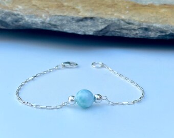 Dominican Larimar Bracelet: Beaded Sterling Silver, Blue Gemstone