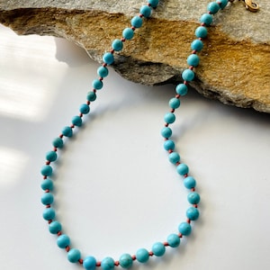 Handmade Turquoise knotted necklace, Turquoise necklace, Choker necklace, boho necklace, Blue turquoise necklace, Beaded necklace.