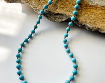 Handmade Turquoise knotted necklace, Turquoise necklace, Choker necklace, boho necklace, Blue turquoise necklace, Beaded necklace.