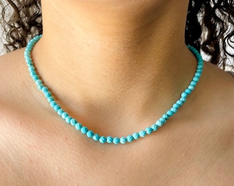 Dainty Turquoise Necklace: 4mm Beaded Gemstone, Gold or Silver