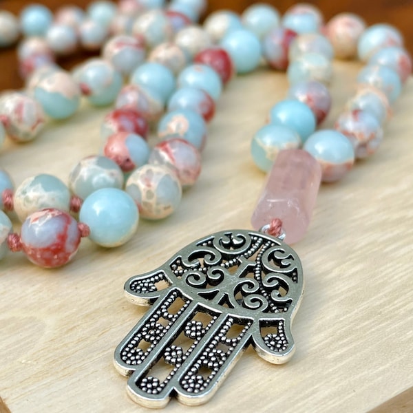 Mala necklace, Beaded necklace, Japa Mala, 108 beads, Aqua Terra Jasper Mala, Yoga necklace, Impression Jasper, Hamsa Mala, Rose Quartz.