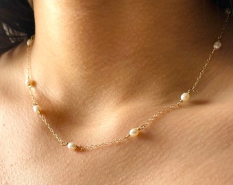 Gargantilla de perlas de agua dulce: collar de cuentas chapado en oro de 14 k