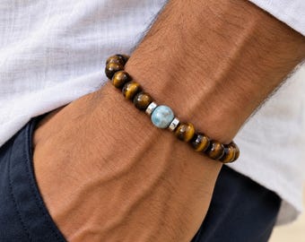 Larimar and Tiger’s eye bracelet, Genuine Larimar, men’s bracelet, women’s bracelet, gift for men, blue stone.