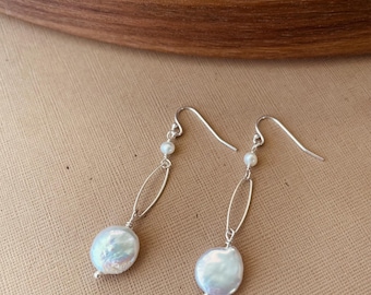 Sterling Silver Coin Pearl Dangle Earrings: Freshwater Pearls