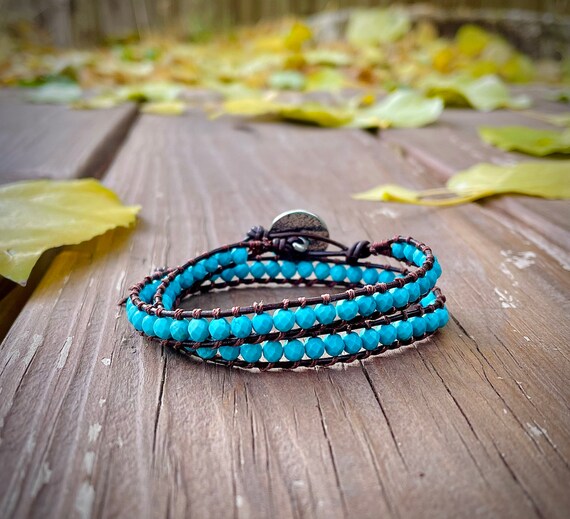 Turquoise Beaded Leather Wrap Bracelet: Boho Double Wrap - Etsy display picture 2