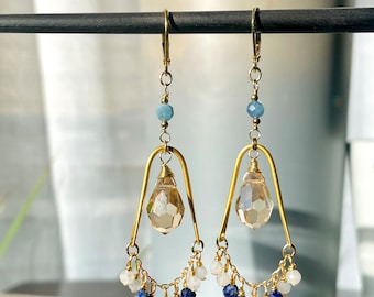 Lapis Lazuli and Aquamarine Dangle earrings, beaded earrings, Blue earrings, Gold Lapis earrings, Birthday gift.