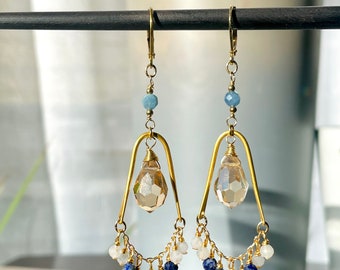 Pendientes colgantes de lapislázuli y aguamarina, pendientes de cuentas, pendientes azules, pendientes de lapislázuli dorado, regalo de cumpleaños.