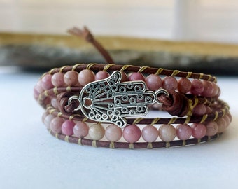 Rhodonite beaded wrap bracelet, Boho bracelet, Pink bracelet, Leather wrap bracelet, Hamsa bracelet.
