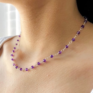 Amethyst beaded necklace, Amethyst Sterling silver, Minimalist necklace, Purple necklace, February birthstone Necklace, Birthday gift idea.