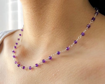 Amethyst Beaded Necklace: Sterling Silver, Minimalist Purple Gemstone