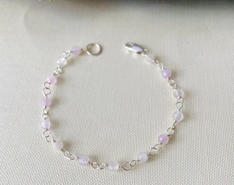 Pulsera de cuarzo rosa en plata de ley: delicada pulsera rosa con cuentas facetadas de 4 mm
